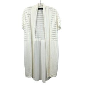 August Silk Short Sleeve Mixed Media Open Front Cardigan Ivory Lightweight M